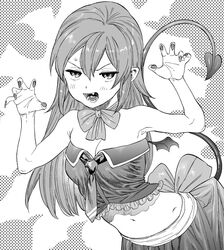  alternate_breast_size alternate_hairstyle bare_arms bare_shoulders bat_wings blush bow bowtie breasts bustier choker claw_pose cleavage collarbone commentary_request corset costume demon_tail dress fangs female fingernails greyscale hair_down halloween highres igarashi_futaba_(shiromanta) kimidake looking_at_viewer medium_breasts medium_hair midriff monochrome navel neck_ribbon open_mouth outstretched_hand paw_pose pointy_ears ribbon ribbon_choker senpai_ga_uzai_kouhai_no_hanashi sharp_fingernails sleeveless solo tail vampire vampire_costume wings 