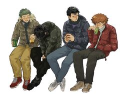  4boys ^_^ bad_id bad_twitter_id black_footwear black_hair black_jacket black_pants blue_pants blush brown_footwear brown_hair brown_jacket can closed_eyes cold crossed_ankles drink_can drinking ear_blush facing_down full_body fur-trimmed_jacket fur_trim giving green_hair hand_in_pocket highres hokari_atsushi holding holding_can hood hood_down hooded_jacket hunched_over invisible_chair jacket kageura_masato laughing lineup long_sleeves looking_at_another looking_to_the_side male_focus mask mask_pull mizukami_satoshi_(world_trigger) mouth_mask multiple_boys murakami_kou nose_blush open_clothes open_jacket own_hands_together pants red_footwear scarf shoes short_hair simple_background sitting sneakers socks soda_can spiked_hair torotakudon turtleneck v_arms warming_hands white_background white_footwear winter_clothes world_trigger yellow_pants 