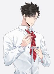  1boy adjusting_clothes adjusting_necktie black_hair brown_eyes haikyuu!! highres kakan_king korean_commentary kuroo_tetsurou long_sleeves looking_away male_focus necktie shirt short_hair simple_background solo standing twitter_username upper_body white_background white_shirt 