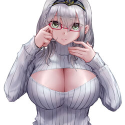  alternate_costume bespectacled braid breasts chinese_commentary circlet cleavage cleavage_cutout closed_mouth clothing_cutout commentary_request female french_braid glasses green_eyes grey_hair grey_sweater hair_between_eyes highres hololive large_breasts long_sleeves looking_at_viewer medium_hair partial_commentary red-framed_eyewear ribbed_sweater shirogane_noel simple_background solo sweater turtleneck turtleneck_sweater upper_body virtual_youtuber wavy_hair white_background white_sweater yeklsa 