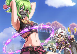  1boy absurdres arataki_itto armpits arms_behind_head arms_up atawatsho bare_shoulders black_nails black_shirt black_shorts blue_sky bracelet breasts cloud commentary crop_top day english_commentary female genshin_impact green_hair grey_pants groin hair_between_eyes highres hoop horns hula_hoop jewelry kuki_shinobu lightning_bolt_symbol mask medium_breasts midriff mouth_mask navel open_mouth outdoors pants purple_eyes purple_shirt shirt short_hair short_shorts short_sleeves shorts sky sleeveless sleeveless_shirt spiked_bracelet spikes stomach tears white_hair 