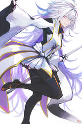  absurdres ahoge dress fate/grand_order fate/grand_order_arcade fate/prototype fate_(series) female full_body highres holding holding_staff long_hair merlin_(fate/prototype) merlin_(fate/prototype)_(second_ascension) messy_hair moedredd pleated_skirt pointy_ears purple_eyes simple_background skirt solo staff thighhighs very_long_hair white_background white_dress white_hair wide_sleeves 