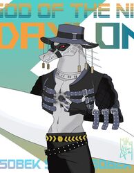  anthro best clothing crocodile crocodilian crocodylid daylon_(dislyte) dislyte fangs hat headgear headwear hi_res looking_at_viewer low_hanging_pants male mask milkyrozen red_eyes reptile scalie solo spikes surfboard tattoo text topwear vest 