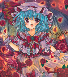  :d bat_wings black_wings blue_brooch blue_hair bow bowtie brooch center_frills collarbone commentary cowboy_shot female floral_print flower frilled_bowtie frilled_shirt frilled_shirt_collar frills hair_between_eyes hat hat_ribbon jewelry leaf looking_at_viewer marker_(medium) medium_hair mob_cap open_mouth petals pink_hat pink_shirt pink_skirt print_ribbon puffy_short_sleeves puffy_sleeves red_bow red_bowtie red_eyes red_flower red_ribbon red_rose remilia_scarlet ribbon rose rose_petals rui_(sugar3) sample_watermark shirt short_sleeves skirt smile solo touhou traditional_media watermark wings wrist_cuffs 