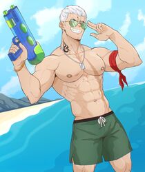  1boy abs bara beach blue_eyes blue_sky bryan_fury danzen dog_tags gold_bracelet highres large_pectorals male_focus male_swimwear muscular muscular_male oerba_yun_fang outdoors pectorals sand scar short_hair sky smile solo sunglasses swim_trunks swimsuit tattoo tekken topless_male water water_gun white_hair 