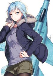  aircraft airplane black_pantyhose blue_eyes blue_hair blue_jacket breasts casual character_request closed_mouth commentary_request cowboy_shot dengeki_bunko eyelashes female fur-trimmed_hood fur_trim girly_air_force green_shorts grey_shirt hand_on_own_hip highres hood hood_down hooded_jacket jacket jpeg_artifacts long_sleeves looking_at_viewer medium_breasts mig-29 novel_illustration official_art open_clothes open_jacket pantyhose shirt short_hair short_shorts shorts simple_background solo standing toosaka_asagi untucked_shirt unzipped vehicle_and_personification white_background 