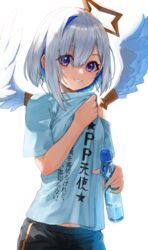  absurdres amane_kanata angel angel_wings asymmetrical_bangs asymmetrical_hair black_shorts blue_hair blue_shirt blush bob_cut bottle clothes_writing colored_inner_hair commentary_request feathered_wings female grey_hair hair_between_eyes hair_over_one_eye halo highres holding holding_bottle hololive medium_hair mugcup multicolored_hair parted_lips pp_tenshi_t-shirt purple_eyes ramune shirt short_sleeves shorts simple_background single_hair_intake smile solo star_halo translation_request two-tone_hair virtual_youtuber white_background white_wings wings 