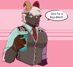  anthro baja_blast black_body black_fur bovid caprine clothing eyewear fur glasses goat grizzlybrew hair hi_res horn humor lifewonders male mammal mountain_dew necktie solo suit tanngrisnir_(tas) text tokyo_afterschool_summoners white_hair 