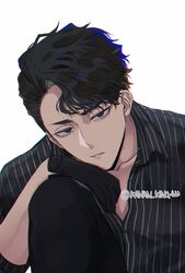  1boy black_eyes black_gloves black_hair black_shirt gloves haikyuu!! hand_on_own_knee head_tilt kakan_king male_focus parted_lips sakusa_kiyoomi shirt short_hair simple_background solo striped_clothes striped_shirt 