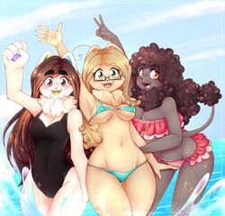  anthro bikini breasts canid canine canis clothing domestic_dog female frilly frilly_clothing group hair long_hair looking_at_viewer low_res male mammal nen nendoggo one-piece_swimsuit pomeranian poodle pose rock_paper_scissors roshambo spitz swimwear trio water 