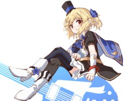  bad_id bad_pixiv_id black_hat black_shirt black_skirt black_thighhighs blonde_hair blue_cape blue_flower blue_neckwear boots cape commentary_request crossed_legs electric_guitar female flower full_body girls&#039;_frontline guitar hair_flower hair_ornament hat highres instrument looking_at_viewer matsuo_(matuonoie) mini_hat mini_top_hat nagant_revolver_(astral_bond)_(girls&#039;_frontline) nagant_revolver_(girls&#039;_frontline) official_alternate_costume parted_lips ponytail puffy_short_sleeves puffy_sleeves red_eyes shirt short_sleeves sitting skirt solo striped_clothes striped_thighhighs thighhighs thighhighs_under_boots top_hat vertical-striped_clothes vertical-striped_thighhighs white_background white_footwear 