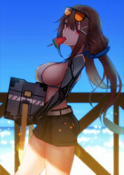  backlighting bikini black-framed_eyewear black_shorts blurry blurry_background box breast_rest breasts brown_hair carrying covered_nipples day depth_of_field eyewear_on_head female food food_in_mouth from_side girls&#039;_frontline hair_ornament hairclip highres js_9_(girls&#039;_frontline) js_9_(orca&#039;s_journey)_(girls&#039;_frontline) large_breasts lodbyy long_hair looking_at_viewer looking_to_the_side low_twintails mouth_hold official_alternate_costume orange-tinted_eyewear outdoors photoshop_(medium) popsicle prosthesis prosthetic_arm red_eyes short_shorts shorts sideboob solo strap_gap sunglasses sunlight swimsuit tinted_eyewear twintails very_long_hair walking watermelon_bar 