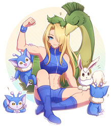  ! ? abs alien animal animal_on_head beak biceps blonde_hair blue_eyes blue_footwear boots bracelet breasts closed_eyes closed_mouth crop_top dachora enni etecoon female flexing hair_over_one_eye highres jewelry long_hair metroid metroid_fusion mole mole_under_mouth muscular muscular_female on_head pose pyonchi samus_aran short_shorts shorts sitting sleeping sleeveless smile toned zzz 