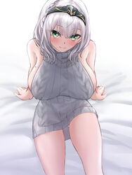  aran_sweater blush braid breasts cable_knit chinese_commentary circlet closed_mouth commentary commentary_request cowboy_shot dress female french_braid green_eyes grey_hair hair_between_eyes highres hololive large_breasts looking_at_viewer medium_hair meme_attire mole mole_on_breast partial_commentary ribbed_sweater shirogane_noel sideboob smile solo sweater sweater_dress turtleneck turtleneck_sweater virgin_killer_sweater virtual_youtuber wavy_hair yeklsa 