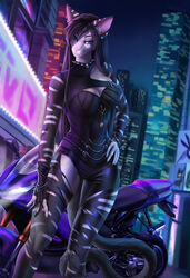  2020 anthro black_hair blue_eyes city clothed clothing detailed_background digital_media_(artwork) domestic_cat elvofirida eyebrows eyelashes felid feline felis female fexine_(luki-snowytail) hair hi_res mammal night outside solo standing 