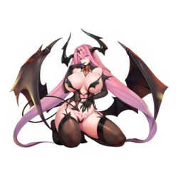  absurdly_long_hair areolae bat_wings black_gloves black_horns black_thighhighs black_wings blue_eyes breasts corset crotch_plate demon_girl demon_horns demon_tail demon_wings detached_collar elbow_gloves female finger_to_mouth full_body game_cg garter_straps gloves hair_between_eyes half-closed_eyes high_heels highres horns huge_breasts kneeling large_wings last_origin long_hair looking_at_viewer mole mole_under_mouth official_alternate_costume official_art pink_hair pubic_tattoo revealing_clothes serapias_alice snowball22 solo source_request strapless_bottom tail tattoo thighhighs tongue tongue_out transparent_background very_long_hair wings 