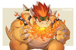  1boy armlet bowser breath_weapon breathing_fire character_name fire highres horns kinoshita_jiroh male_focus mario_(series) red_hair simple_background solo spiked_armlet 