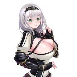  armor armored_dress belt black_dress black_gloves black_hairband blush braid breasts brown_belt chest_guard chest_strap chinese_commentary cleavage cleavage_cutout clothing_cutout collared_dress commentary_request dress female fingerless_gloves french_braid gloves green_eyes grey_hair hair_between_eyes hairband highres hololive large_breasts looking_at_viewer looking_to_the_side medium_hair mole mole_on_breast multicolored_clothes multicolored_dress open_mouth partial_commentary pauldrons puffy_sleeves shirogane_noel shirogane_noel_(1st_costume) shoulder_armor simple_background single_pauldron solo upper_body vambraces virtual_youtuber wavy_hair white_background white_dress yeklsa 