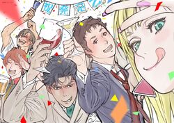  4boys alcohol beer beer_mug black_jacket blonde_hair blue_eyes blush brown_eyes brown_hair brown_jacket cocktail_glass collared_shirt confetti cup drinking_glass female formal gawman_nobile gigi_andalusia gundam gundam_hathaway&#039;s_flash hair_behind_ear hair_between_eyes hathaway_noa holding holding_cup jacket kenneth_sleg lane_aim military military_uniform mug multiple_boys necktie official_art onda_naoyuki open_mouth party_popper pink_nails red_necktie salute scar scar_across_eye shirt smile suit tongue tongue_out uniform v v-shaped_eyebrows white_shirt wine_glass 