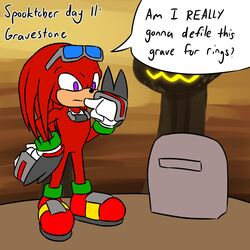  1:1 anthro asking asking_if_serious asking_self count day_count dialogue echidna english_text eyewear food fruit fur glasses halloween hi_res holidays knuckles_the_echidna krakelak male mammal monotreme number plant pumpkin purple_eyes question red_body red_fur sega solo sonic_the_hedgehog_(series) speech_bubble talking_to_self text text_emphasis tombstone yes-no_question 