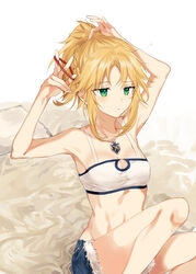  absurdres armpits bandeau blonde_hair blush braid breasts cleavage crop_top cutoffs denim denim_shorts fate/apocrypha fate_(series) female green_eyes half_up_braid highres midriff mordred_(fate) mordred_(fate/apocrypha) mordred_(memories_at_trifas)_(fate) necktie ponytail red_scrunchie rizu033 scrunchie shorts small_breasts solo thighs tying_hair white_background 