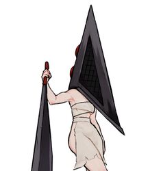  bandage_on_hip chainsaw_man cosplay female great_knife gurumo_(twitter) higashiyama_kobeni holding holding_weapon huge_weapon mask pyramid_head pyramid_head_(cosplay) sarashi silent_hill_(series) silent_hill_2 simple_background solo weapon white_background 