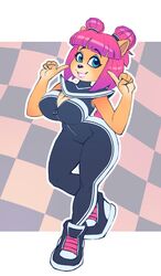  2019 activision anthro bandicoot big_breasts black_clothing black_footwear black_nose black_shoes blue_eyes bodysuit bottomwear breasts checkered checkered_background cleavage clothed clothing crash_(series) crash_team_racing_(series) crash_team_racing_nitro-fueled curvy_figure digital_media_(artwork) eyebrows eyelashes eyeshadow female footwear full-length_portrait fur gesture hair hair_bows hair_buns hand_gesture hi_res lipstick looking_at_viewer makeup mammal marsupial megumi_bandicoot nitro pattern_background pink_hair pink_lipstick pointing pointing_at_self portrait short_hair simple_background skinsuit smile solo standing tan_body tan_fur thick_thighs tight_clothing wide_hips zipper 