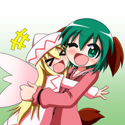  &gt;_&lt; +++ 2girls :d ;d animal_ears blonde_hair blush capelet cheek-to-cheek commentary_request dress fairy_wings gradient_background green_background green_hair hat heads_together hug kasodani_kyouko lily_white long_hair long_sleeves looking_at_viewer lowres multiple_girls one_eye_closed open_mouth outstretched_arms pink_shirt rakugaki-biyori shirt short_hair smile tail touhou upper_body very_long_hair white_background white_capelet white_dress white_headwear wings xd 