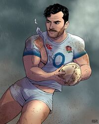  1boy actor beard_stubble black_hair body_hair bulge byron_power caucasian caucasian_male celebrity facial_hair hairy_male henry_cavill human male male_nipples male_only manly mature_male muscles muscular_male mustache playing_sports real_person ripped_clothing rugby short_shorts solo 