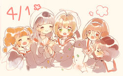  5girls :o ahoge birthday black_hair blunt_bangs brown_eyes brown_hair cardcaptor_sakura closed_eyes closed_mouth daidouji_tomoyo dated glasses green_eyes hat kinomoto_sakura mihara_chiharu multiple_girls parted_bangs sasaki_rika school_hat school_uniform smile sunflower-m tomoeda_elementary_school_uniform yanagisawa_naoko 