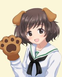  akiyama_yukari animal_ears animal_hands bad_id bad_twitter_id black_neckerchief blouse brown_eyes brown_hair commentary dog_ears female girls_und_panzer gloves kemonomimi_mode long_sleeves looking_at_viewer messy_hair neckerchief ooarai_school_uniform open_mouth paw_gloves sailor_collar sakurakkuma school_uniform serafuku shirt short_hair simple_background smile solo upper_body white_sailor_collar white_shirt yellow_background 