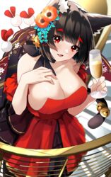  absurdres animal_ears azur_lane bell black_hair breasts cat_ears cat_tail cleavage cocktail_glass collarbone cup dress drinking_glass evening_gown female floral_print flower frilled_dress frills hair_flower hair_ornament hand_on_own_chest highres holding holding_cup large_breasts mismatched_eyebrows official_alternate_costume red_dress red_eyes short_hair sleeveless sleeveless_dress strapless strapless_dress tail tail_bell tail_ornament yamaha_tsui yamashiro_(azur_lane) yamashiro_(dressy_black_cat)_(azur_lane) 