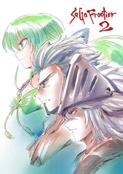  blue_eyes breasts choker cleavage closed_mouth father_and_daughter female grandfather_and_granddaughter green_hair hair_ribbon helmet highres long_hair multiple_boys ponytail ribbon rich_knights saga saga_frontier_2 simple_background tukiwani virginia_knights white_background william_knights 