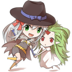  2girls :d alchemist_(ragnarok_online) black_headwear blue_bow blue_gloves bow brown_cape brown_dress cape chibi commentary_request dress elbow_gloves fingerless_gloves full_body fur_collar gloves green_eyes green_hair hairbow hat hat_bow lif_(ragnarok_online) long_hair looking_at_viewer multiple_girls natsuya_(kuttuki) open_mouth platinum_blonde_hair ragnarok_online red_bow red_eyes simple_background smile strapless strapless_dress white_background white_dress 