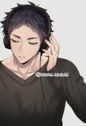  1boy akaashi_keiji black_hair green_eyes haikyuu!! hand_on_headphones headphones kakan_king looking_away male_focus parted_lips short_hair simple_background solo twitter_username upper_body v-neck 