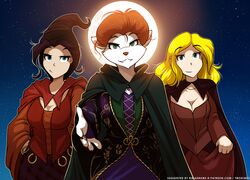  2019 adobe_photoshop_(artwork) anthro blonde_hair blue_eyes breasts canid canine canis cape cleavage clothed clothing colored conditional_dnp cosplay costume digital_media_(artwork) disney eric_vaughan female first_person_view fur green_eyes group hair halloween hi_res hocus_pocus holidays human keidran looking_aside looking_at_viewer mammal maren_taverndatter mary_sanderson medium_breasts moon night painted_claws purple_hair red_hair roselyn_(twokinds) rule_63 sarah_sanderson sky smile star text tom_fischbach twokinds url white_body white_fur winifred_sanderson wolf 