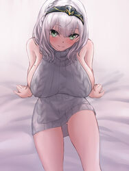  aran_sweater blush braid breasts cable_knit chinese_commentary circlet closed_mouth commentary commentary_request cowboy_shot dress female french_braid green_eyes grey_hair hair_between_eyes highres hololive large_breasts looking_at_viewer medium_hair meme_attire mole mole_on_breast partial_commentary ribbed_sweater shirogane_noel sideboob smile solo sweater sweater_dress turtleneck turtleneck_sweater virgin_killer_sweater virtual_youtuber wavy_hair yeklsa 