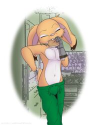  absurd_res alpha_channel amputee blind bottomwear closed_eyes clothed clothing disability handless hare hi_res lagomorph leporid low-riding male mammal mrpandragon oversized_bottomwear oversized_clothing oversized_pants pants prosthetic prosthetic_hands tolai_hare 