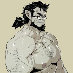  1boy abs arm_hair bara beard colored_skin earrings facial_hair flexing_pectorals from_side full_beard glasses grey_skin hairy highres jewelry large_pectorals looking_at_viewer low_ponytail male_focus mature_male medium_sideburns monster_boy muscular muscular_male nipples nude orc original pectorals pointy_ears rybiok sideburns_stubble solo sparse_chest_hair stubble thick_beard thick_eyebrows tsurime tusks upper_body 