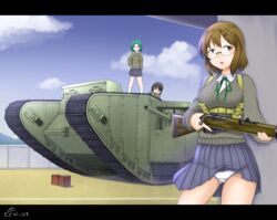  3girls artist_name black_hair bolt_action box breasts brown_hair caterpillar_tracks cloud day dead_people glasses green_hair gun highres lee-enfield letterboxed mark_i_tank medium_breasts military military_vehicle motor_vehicle multiple_girls original panties revision ribbon rifle school_uniform short_hair sky tank tree underwear wall weapon white_panties wind wind_lift world_war_i 