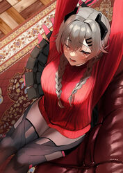  absurdres arms_up braid breasts brown_eyes carpet female grey_hair hair_between_eyes highres indie_virtual_youtuber large_breasts long_hair looking_at_viewer one_eye_closed open_mouth oreazu saruei_(vtuber) scar scar_across_eye sitting solo stretching sweater teeth tongue twin_braids virtual_youtuber yawning 