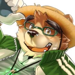  1boy animal_ears animal_nose bandaid bandaid_on_face bara bear_boy bear_ears brown_fur close-up commentary fang_out furry furry_male glasses gloves hand_on_headwear hat jacket jewelry looking_at_viewer male_focus necklace oerba_yun_fang okusu_(oaks16) open_mouth simple_background smile snout solo straw_hat sweatdrop thick_eyebrows tokyo_afterschool_summoners towel towel_around_neck track_jacket volos_(housamo) white_background yellow_eyes 