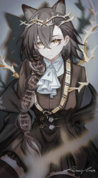  absurdres animal_ears arknights ascot black_hair black_thighhighs braid breasts brown_dress closed_mouth crossed_bangs dress extra_ears female frilled_dress frills grey_background hair_over_shoulder highres large_breasts long_hair long_sleeves looking_at_viewer penance_(arknights) rau_ma_(the_rauma001) signature simple_background single_braid sitting solo thighhighs thorns very_long_hair white_ascot wolf_ears yellow_eyes zettai_ryouiki 