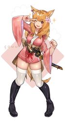  animal_ears black_footwear blonde_hair boots breasts cat_ears commission ear_ribbon female final_fantasy final_fantasy_xiv flower hair_flower hair_ornament japanese_clothes kimono knee_boots large_breasts long_hair miqo&#039;te mizu_fei one_eye_closed pink_eyes pink_flower pink_kimono red_ribbon ribbon rirene_rn short_kimono smile solo sword teeth thighhighs upper_teeth_only v warrior_of_light_(ff14) weapon white_thighhighs wide_sleeves zettai_ryouiki 