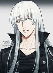  1boy black_coat buttons character_name coat collar collarbone collared_coat commentary_request grey_background grey_eyes high_collar katekyo_hitman_reborn! long_hair looking_at_viewer male_focus open_mouth partial_commentary ru_(famia) simple_background solo superbi_squalo upper_body white_hair 