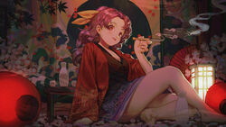  13844 absurdres andon_(lighting) arm_support barefoot blush breasts cleavage commentary_request congming_lan female hair_ribbon hand_up highres holding holding_smoking_pipe indoors kiseru knee_up komakusa_sannyo lantern long_hair looking_at_viewer medium_breasts oiran parted_bangs parted_lips ponytail purple_hair red_eyes red_robe ribbon robe sitting smile smoke smoking_pipe solo tapestry toes tokkuri touhou yellow_ribbon 