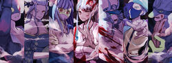  3girls 4boys alternate_form bare_shoulders black_maria_(one_piece) blood blood_on_clothes blood_on_face blood_splatter breasts brother_and_sister cigarette cleavage coat coat_on_shoulders column_lineup covering_own_mouth crossed_arms earrings eye_mask fangs fish_boy hat highres horns horns_through_headwear injury japanese_clothes jewelry kimono long_hair long_sleeves looking_at_viewer mask mouth_hold mouth_mask multiple_boys multiple_girls one_eye_closed one_piece page_one_(one_piece) pectorals rairo_yusa reaching reaching_towards_viewer sasaki_(one_piece) serious shirt short_hair siblings sidelocks sleeveless sleeveless_kimono smile smoke smoking suspenders ulti_(one_piece) who&#039;s_who_(one_piece) x_drake yamato_(one_piece) 