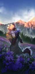  2021 anthro apron cheek_tuft closed_eyes clothed clothing day detailed_background digital_media_(artwork) facial_tuft female field flower fur fur_tuft grass hi_res light lighting mountain mountain_range outside plant reilukah sky smile soft_lighting solo tuft 