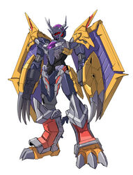  absurdres alus_core_gundam claws crossover digimon digimon_(creature) fusion gundam gundam_build_divers gundam_build_divers_re:rise highres mecha mechanical_wings no_humans one-eyed red_eyes robot science_fiction solo standing sukekiyo56 v-fin wargreymon white_background wings 