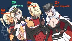  4girls artist_name azur_lane belt black_gloves blonde_hair blue_eyes blush breasts character_name chokeposting_(meme) cleavage cross crossover dark-skinned_female dark_skin dual_persona elbow_gloves enterprise_(warship_girls_r) glasses gloves graf_zeppelin_(azur_lane) grey_hair hat headgear iron_cross kantai_collection large_breasts long_hair looking_at_another meme multiple_girls musashi_(kancolle) peaked_cap pointy_hair red_eyes sarashi ship_life sleeveless smile strangling two_side_up upper_body v warship_girls_r white_gloves world_of_warships 